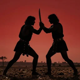 cinematic still of silhouettes of two Mediterranean skinned men fighting in ancient Canaanite clothing, wrestling, knife, middle eastern field background, red hues, directed by Russell Mulcahy