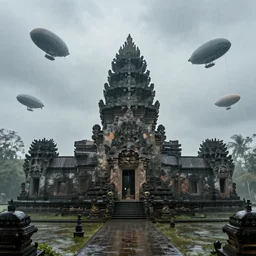 Rainy environment with an ancient temple in the middle of the image surrounded by airships