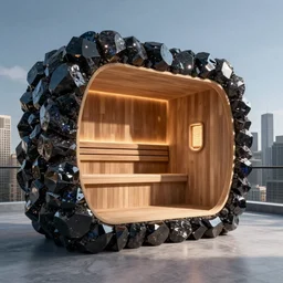 premium sauna design, inspired by giger, made of tar and obsidian, chicago, shanghai, penthouse