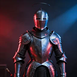 portrait of the knight in a helmet nimbus, in shine polish armor, red and blue contrast light, pierre raveneau style, long shot, cinematic, epic, godrays, volumetric light, neon lit, ray - tracing, 4 k, fine details