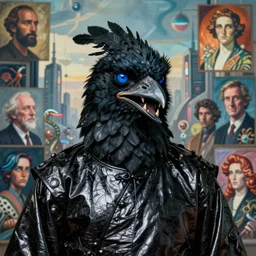 realistic detailed portrait movie shot of a birdman wearing black reflective robes, sci fi city landscape background by denis villeneuve, amano, yves tanguy, alphonse mucha, ernst haeckel, max ernst, roger dean, masterpiece, rich moody colours, blue eyes, snarling dog teeth