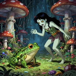 scary godlike fairy killing a frog in a detailed psychedelic mushroom village, superb Resolution , art style of junji ito, cel animation , masterpiece , post-processing , intricate , hyper realistic anime , perfect pixel art