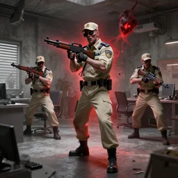 zombie security guard officers ( beige uniform and caps ) wield ( uzis ) in ( brutalist concrete gray office ) ( floating in red spectral aura ) trending on artstation high detail concept art digital painting 4 k 8 k hd