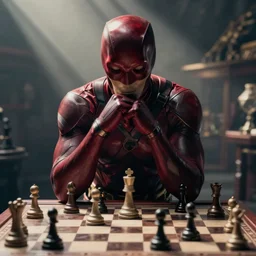 daredevil pondering in front of a chess table, marvel movie