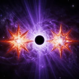 A black dot in the center of the universe, two supermassive vibrant stars colliding around the hole, ultraviolet radiation emitting in all directions
