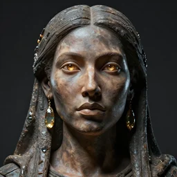 detailed portrait, high priestess, realistic face sculpted features, ethnic, clear eyes, statuesque, tech noir, jewel, lit from within, chiaroscuro, tangible, organic impressionism, deep backdrop, natural colors, octane render