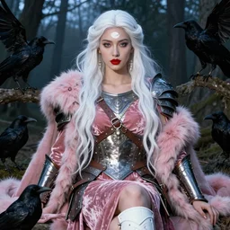 portrait of a warrior woman, amazon, jewish face, refined features, moon goddess, red lips, long snow - white hair, twilight forest, crows, pink velvet dress, leather armor, iron armor, white boots, pink fur, clothes alexander mcqueen very beautiful style, photorealism, edgard maxence