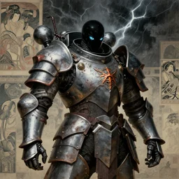composition of gothic and futuristic, warhammer, cyber japan style armor, more and more scars, thunderstorm, black head, water eyes, some blue and orange, the middle ages, highly detailed, artstation, in the style of moebius, jugendstil and classic japanese print, art by rene magritte