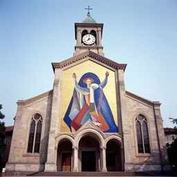 a large church with a clock on the top of it, a mosaic by avigdor arikha, trending on unsplash, orphism, photo taken with ektachrome, photo taken with nikon d 7 5 0, photo taken with provia