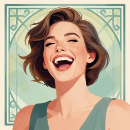 illustration with a modern woman with short hair laughing out loud, art deco painting by tom whalen, funny meme photo, trending on behance, digital illustration, storybook illustration, grainy texture, flat shading, vector art, airbrush, pastel, watercolor, poster