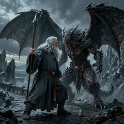 Fight between Gandalf the Grey and the Balrog at the Bridge of Khazad-dûm in the evening, detailed matte painting, cinematic, Alan Lee, Artstation