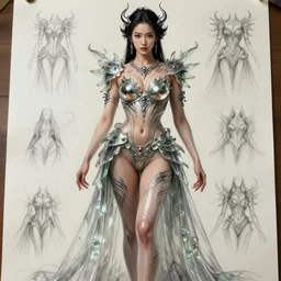 asian goddess of death, hyper - feminine, pronounced feminine features, attractive, beautiful, pronounced waist, intricate body painting, glass armour, paper sketch thick thighs, realistic beautiful, wide hips, pronounced chest, spectacular demonic dress, full body, natural lighting, 4 k, photography, photorealistic