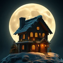 a beautiful candle lit christmas decorated wooden house with a chimney standing on the moon, 8 k resolution, sharp focus, hyper detailed, 8 5 mm photography