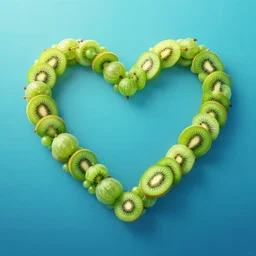 romantic underwater professional matte painting of heart shape made of of green kiwi fruits and green gooseberry berries front an underwater volcano, concept, fantasy, soft light, glowing, photorealistim, epic, volumetric light, cute, golden hour, light rays, bubbles