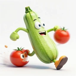 detailed 3 d render of a raging zucchini!! character chasing!! down a desperate tomato!, high speed action, explosions, dramatic scene, hyper realistic octane render, cinematic lighting, deviantart, black sky, lowbrow, frame from pixar movie