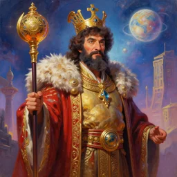 A cyborg Bob Ross as the tyrant emperor of the universe. Trending on ArtStation. A vibrant digital oil painting. A highly detailed fantasy character illustration by Wayne Reynolds and Charles Monet and Gustave Dore and Carl Critchlow and Bram Sels
