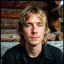 close up portrait of Kurt Cobain in wooden cityscape with logs, Cinestill 800t film photo