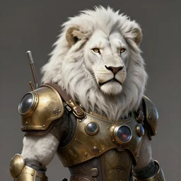 an anthromorphic male white lion in a steampunk cybersuit, diffuse lighting, fantasy, highly detailed, photorealistic, digital painting, artstation, illustration, concept art, smooth, sharp focus, in the style of tom bagshaw