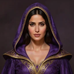 head-on centered symmetrical painted portrait, Katrina Kaif as a D&D Sorcerer, hood, intricate purple and gold fantasy robes, fantasy, intricate, elegant, highly detailed, digital painting, smooth, sharp focus, illustration, dramatic lighting, artstation, in the style of Artgerm and Anna Podedworna and Alex Ross