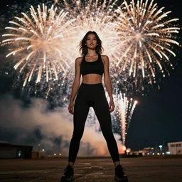 photo of strong model, age 2 8, ( female ), fireworks, full body view, 4 k