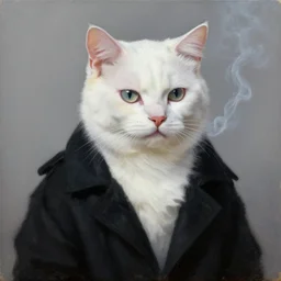 anthropomorphic white cat man in black smoking, hyperrealism oil painting