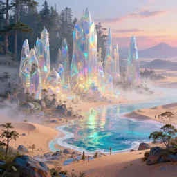highly detailed holographic iridescent glowing erhereal sci fi world with forests, deserts, oceans, at dusk, mist, by gilbert williams, by simon stalenhag, by beeple, by bruce pennington, by moebius, juxtapoz, dynamic composition, octane render, with many different pastel shades of blue pink orange yellow green, beautiful lighting, prismatic