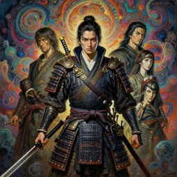 ( ( ( ( ( ( fallout new vegas ) ) ) ) ) samurai!!!!!!! warrior, intense intricate detail, beautiful and gorgeous design, cinematic composition, painting masterpiece by rembrandt, michelangelo, junji ito, yoji shinkawa, takehiko inoue, psychedelic imagery background, fractal clouds