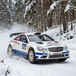 a 2 0 1 0 mercedes - benz cl 6 5 amg, racing through a rally stage in a snowy forest