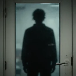 silhouette of an shadow figure on a door through a closed glass door, creepy, artstation