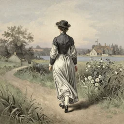 Victorian woman walking away, dreamy and detailed, by John Atkinson Grimshaw