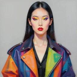 very detailed painting of an asian woman with colorful modern jacket, black hair, colorful make up, featured in artstation, concept art by Greg Rutkowski, WLOP, Dan Mumford, Christophe Vacher