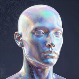 topographic lines create a 3d render of holographic human robotic head made of glossy iridescent, surrealistic 3d illustration of a human face non-binary, non binary model, 3d model human, cryengine, made of holographic texture, holographic material, holographic rainbow, concept of cyborg and artificial intelligence, topographic lines