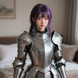 real photograph of a hyperrealistic ultradetailed anime girl dressed in steel plate armor, cute, physically textured, photoreal skin pores, in her bedroom, ray traced, shadow mapping, made by wlop, trending on artstation, dyed hair, rendered, lifelike human, k - pop person, elegant, unreal engine 5, extremely immersive, sharp focus
