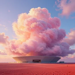 the museum of tomorrow located at red beach in panjin during golden hour, beautiful, massive scale, cotton candy clouds, octane render, 4 k quality, multiversal wind of lush