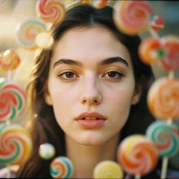 analog close up frontal face portrait photography of a beautiful woman surrounded by colorful candy sweets by maxim nikolaev and irving penn. vogue. kodak portra 8 0 0 film. ( depth of field ). whirl bokeh!!. golden hour. detailed. hq. realistic. warm light. muted colors. filmic. dreamy. lens flare. mamiya 7 ii, f / 1. 2, symmetrical balance, in - frame