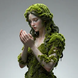 Moss-covered Gaia goddess shedding a single tear, highly-detailed, elegant, dramatic lighting, artstation