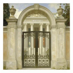 at the gate of the temple by john william godward painted by alphonse mucha