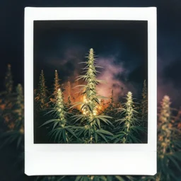 tall cannabis meadow in fire and smoke at night, polaroid
