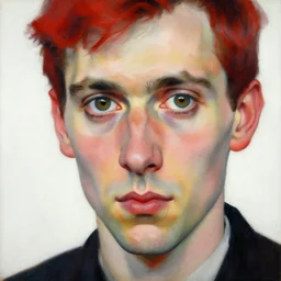 high quality high detail painting by lucian freud, hd, man in suite staring intensely, big eyes, alizarin crimson and white, photorealistic lighting