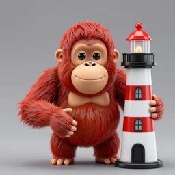 close portrait red smiling orangutan shake big lighthouse toy as shaker, akihiko yoshida, james jean, andrei riabovitchev, marc simonetti, digital illustration, greg rutowski, high key lighting, volumetric lighting, digital art, highly detailed, intricate, ornate, complex, octane render, photorealistic