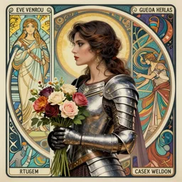 profile portrait of a beautiful mysterious woman warrior wearing armour, holding a bouquet of flowers, hands hidden, by eve ventrue, michael carson, andreas rochas, john watkiss, casey weldon, artgerm. art nouveau. tarot card by mucha. gloomhaven. swirly intricate linework background. gaudy colors, sharp edges. ultra clear detailed. 8 k. elegant. octane render