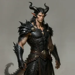 Humanoid man, with black horns instead of ears, some black scales around his body, dragon tail, battle garments, fighter, high fantasy, portrait, by leonardo da vinci, artstationHD