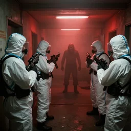 1 9 9 0 s found footage, a group of men in hazmat suits and weapons exploring backrooms, red fog, beast encounter