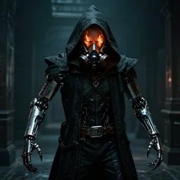 cyberpunk man wearing metallic respirator black cloth cloak hood, robotic arms long fingers spindly sharp, burning eyes on fire, scowling angry, witch king of angmar ring wraith ghost rider Bladerunner 2049 movie still (2017) style of Roger Deakins Jeremy Saulnier Newton Thomas Sigel Robert Elswit Greig Fraser trending dark hallway rtx on ue4 35mm Kodak Vision 2383 gritty atmospheric