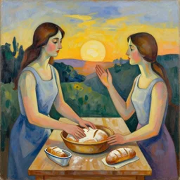 woman woman and her sisters bake bread and greet the day at sunrise, abstract art in the style of cubism and georgia o'keefe