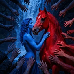only with blue, ney motogrosso in love with a red stallion, too many hands in all directions, in hoc signo vinces, waterfall, in the style of gottfried helnwein, high contrast chiaroscuro, intricate composition, blue light by caravaggio, insanely quality, highly detailed, masterpiece, red light, artstation