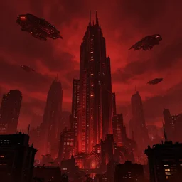 big evil city, dark fantasy, shadows, artstation trending, unreal engine 5, red, invader spaceships in sky