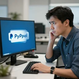 man looking impatiently at a computer monitor on an office desk with the stable diffusion and the paypal logo on the monitor