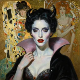 masterpiece painting of beautiful vampire queen by donato giancola, remedios varo and tom bagshaw, face by artgerm and edmund leighton, alphonse mucha, background by james jean and gustav klimt, 8 k, horror, majestic, volumetric lighting, porcelain skin, french nouveau, trending on pixiv