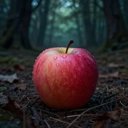 apple sitting on the ground in a haunted forest